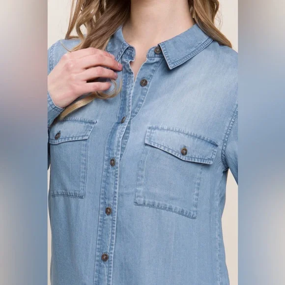 NWT Love Tree 100% Tencel Scooped Hem Button Front Chambray Denim Shirt - Picture 2 of 3